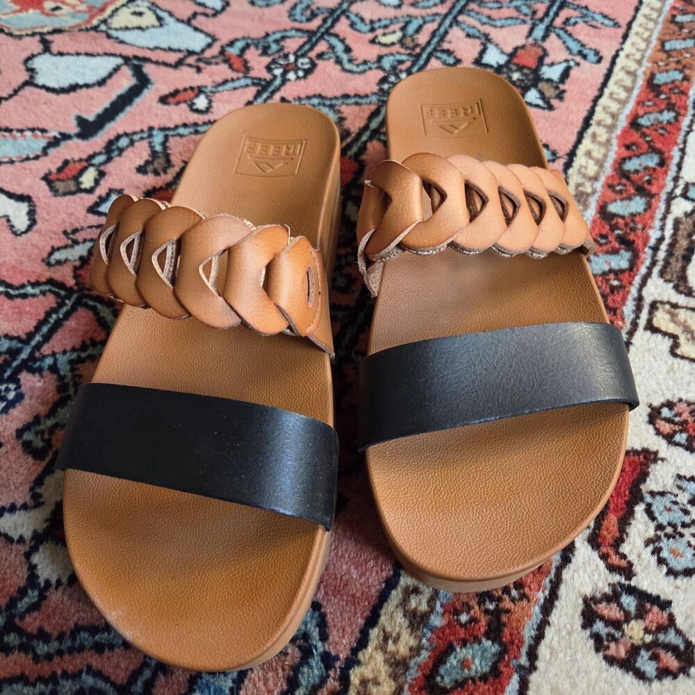 Reef Cushion Vista Hi Twist Platform Sandals Cognac Black Size 7 (37.5) EUC